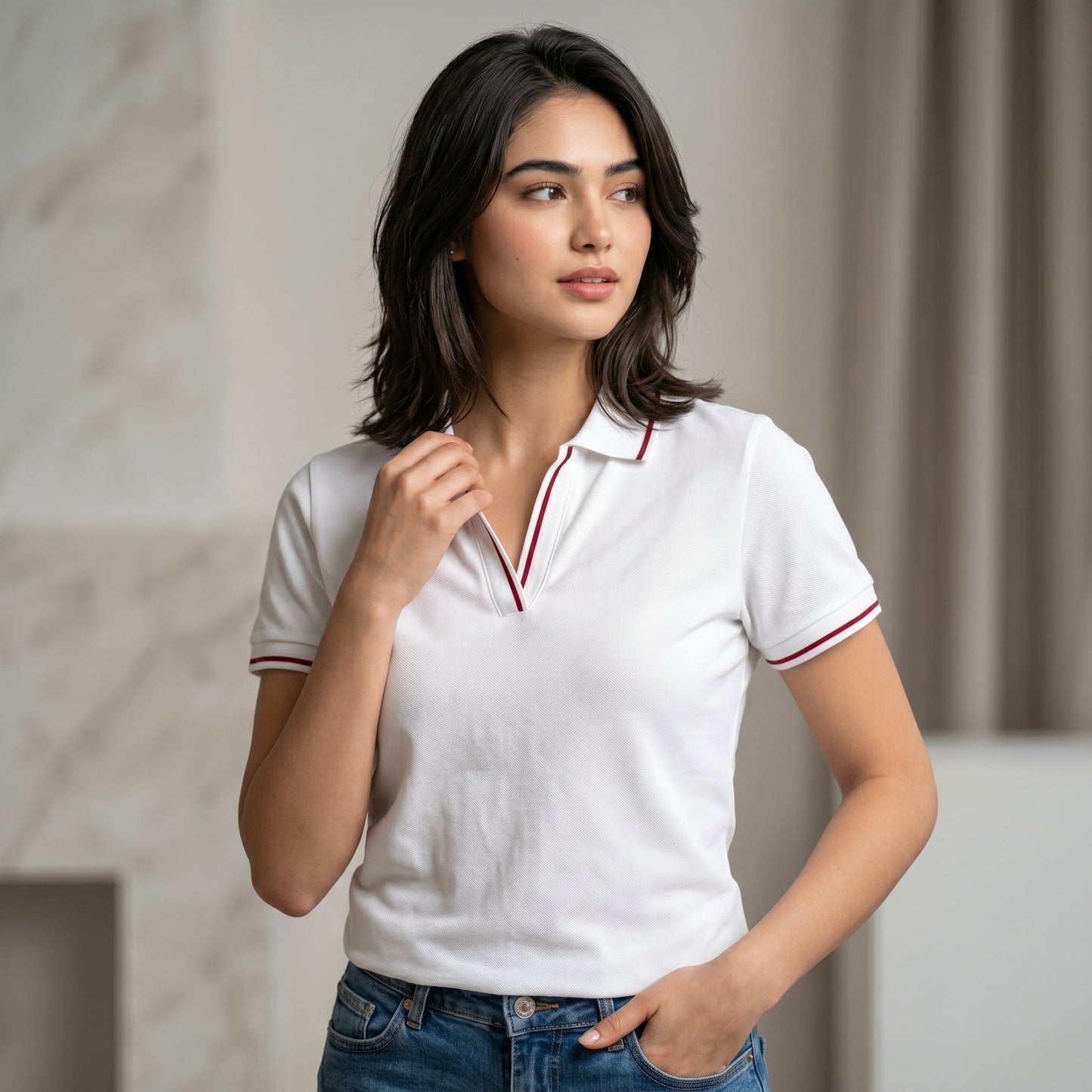 ShortTall® – Premium Women's Polo T-Shirt | White with Red Tip