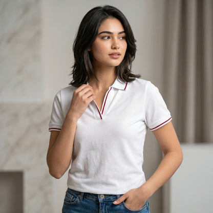 ShortTall® – Premium Women's Polo T-Shirt | White with Red Tip