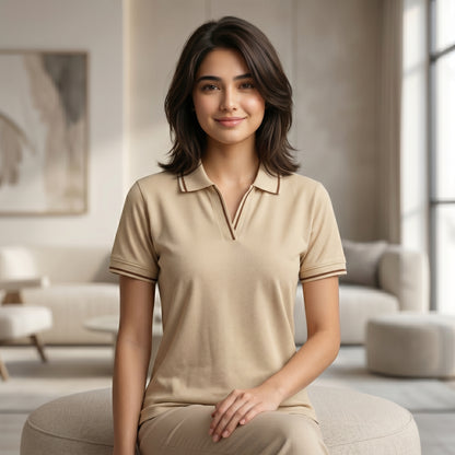 ShortTall® – Premium Women's Polo T-Shirt | Beige with Brown Tip