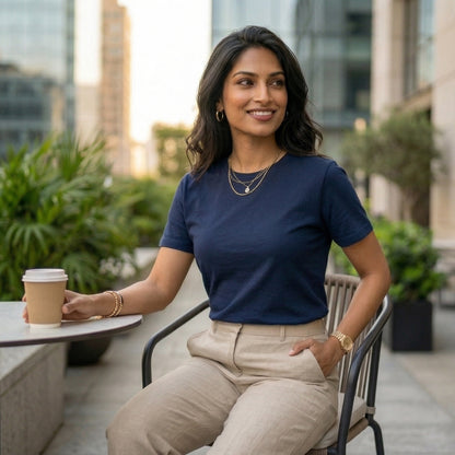 Shorttall® Plain Round Neck Cotton Women's Tee – Navy Blue