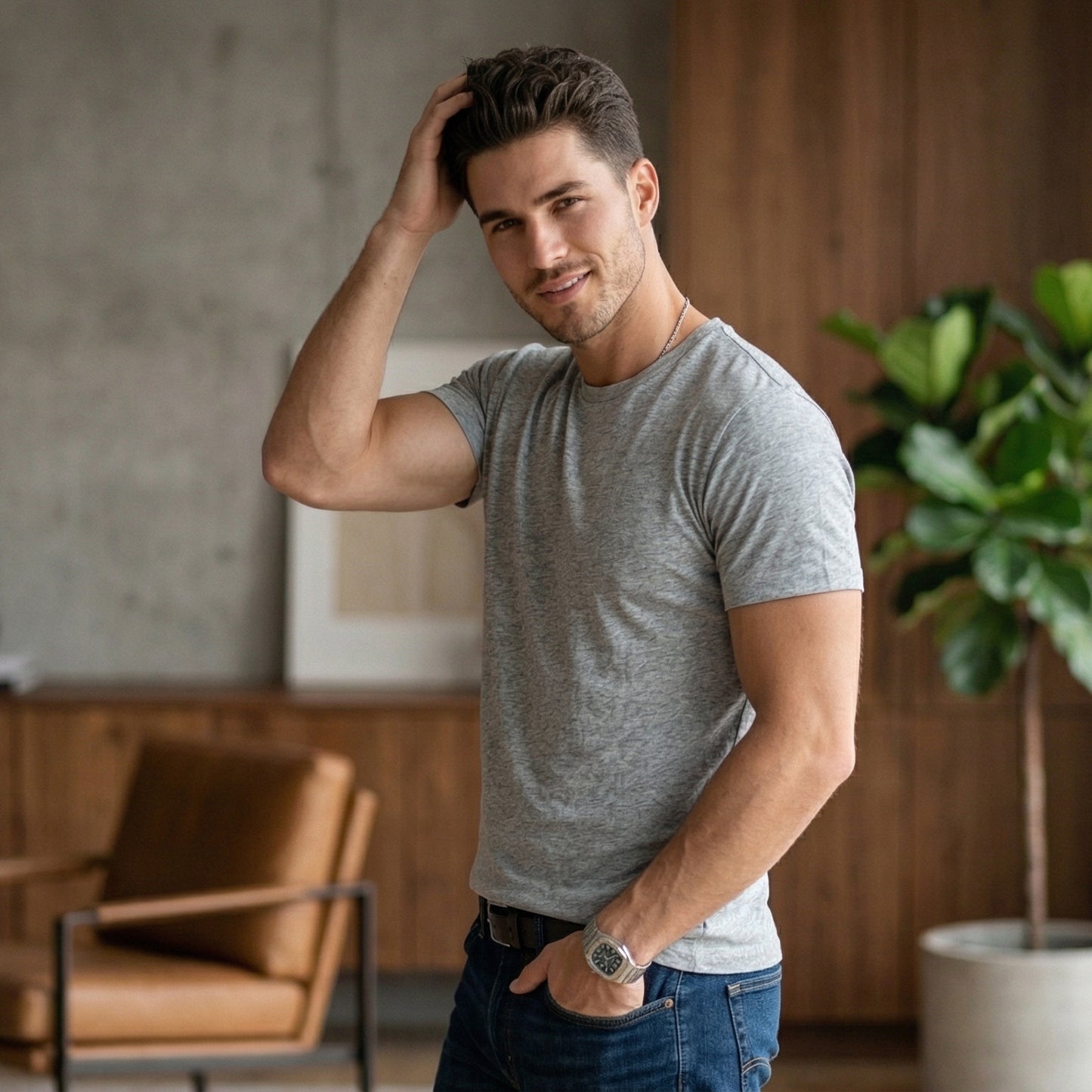 Shorttall® Plain Round Neck Cotton Tee – Grey