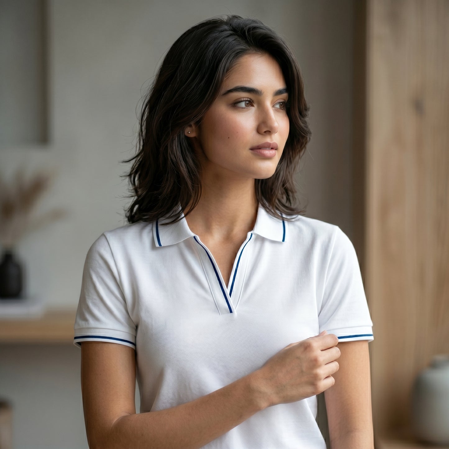 ShortTall® – Premium Women's Polo T-Shirt | White with Navy Blue Tip