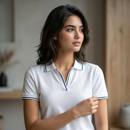 ShortTall® – Premium Women's Polo T-Shirt | White with Navy Blue Tip