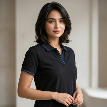 ShortTall® – Premium Women's Polo T-Shirt | Black with Blue Tip