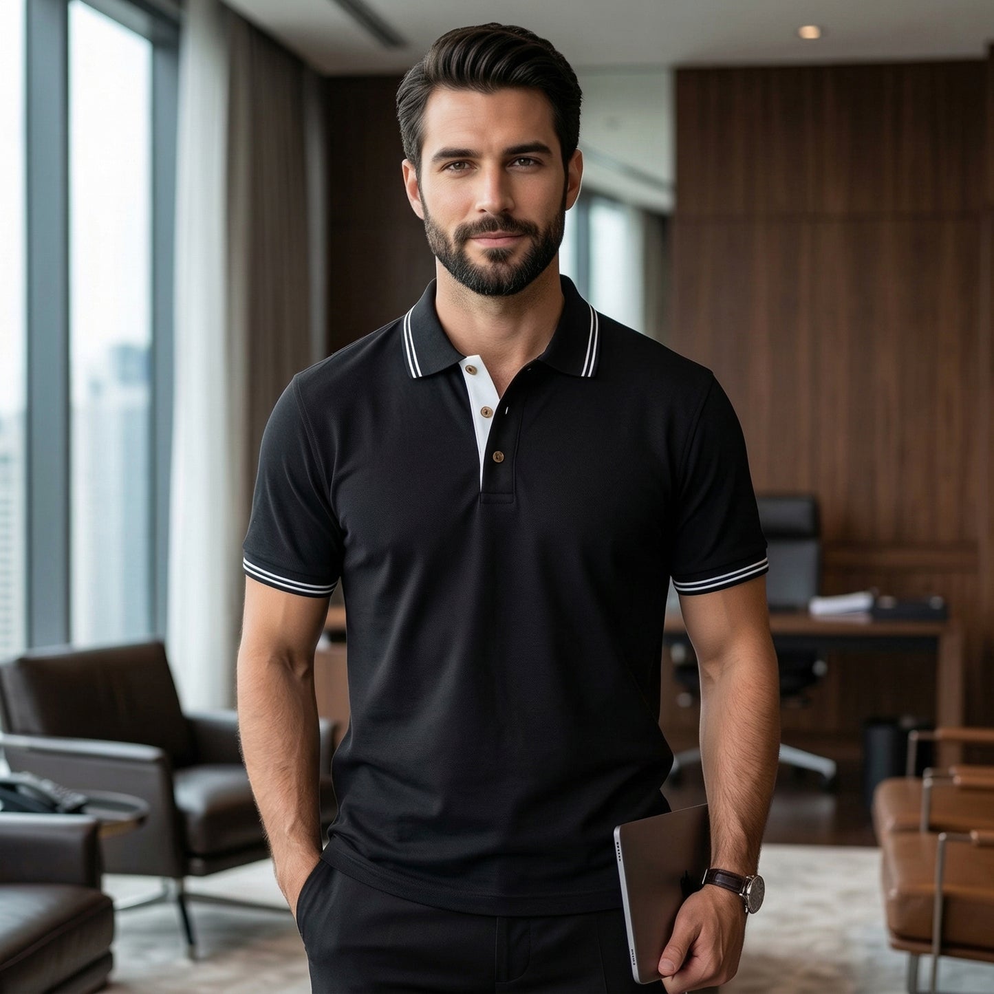 ShortTall® – ForestClub Polo T-Shirt | Black with White Detail