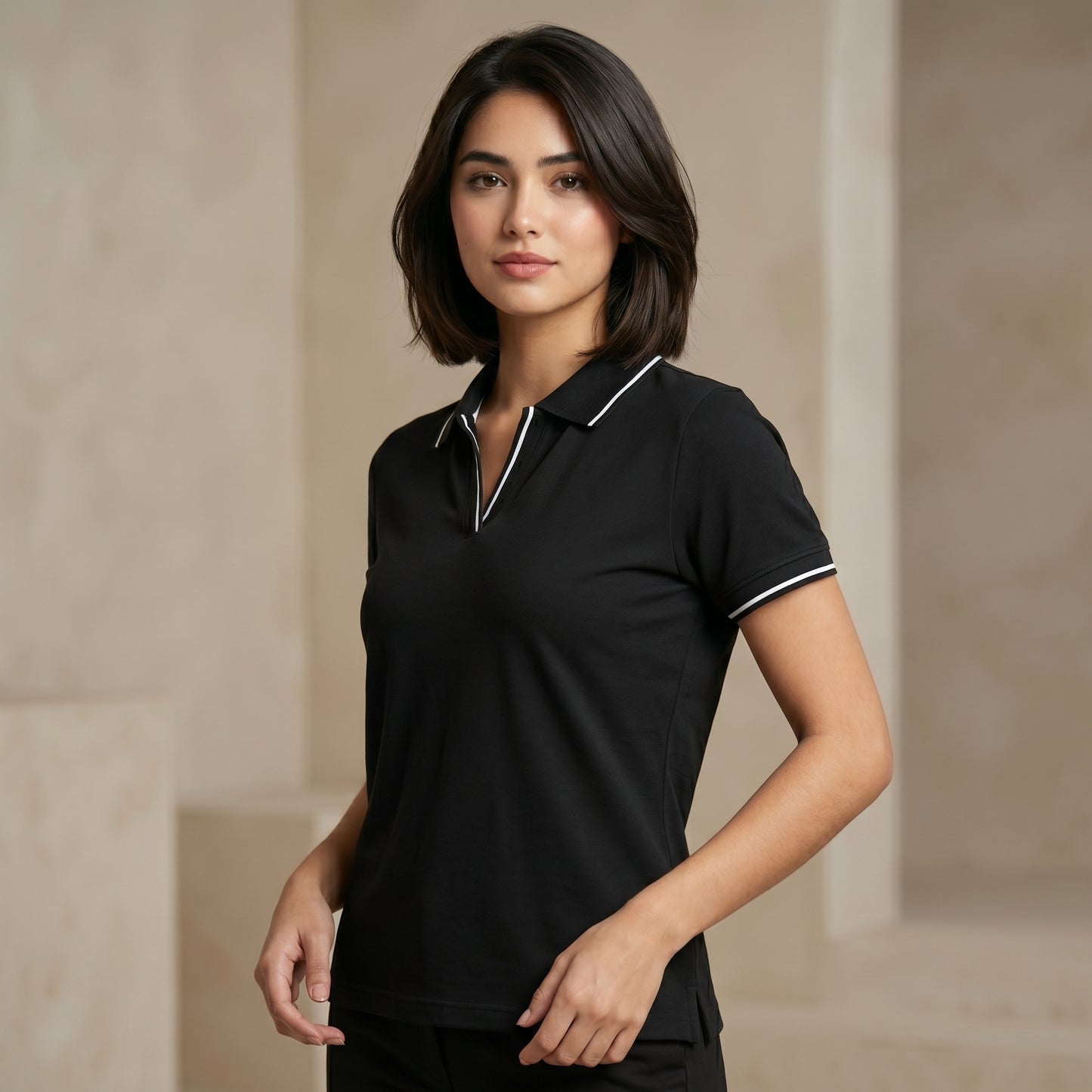 ShortTall® – Premium Women's Polo T-Shirt | Black with White Tip