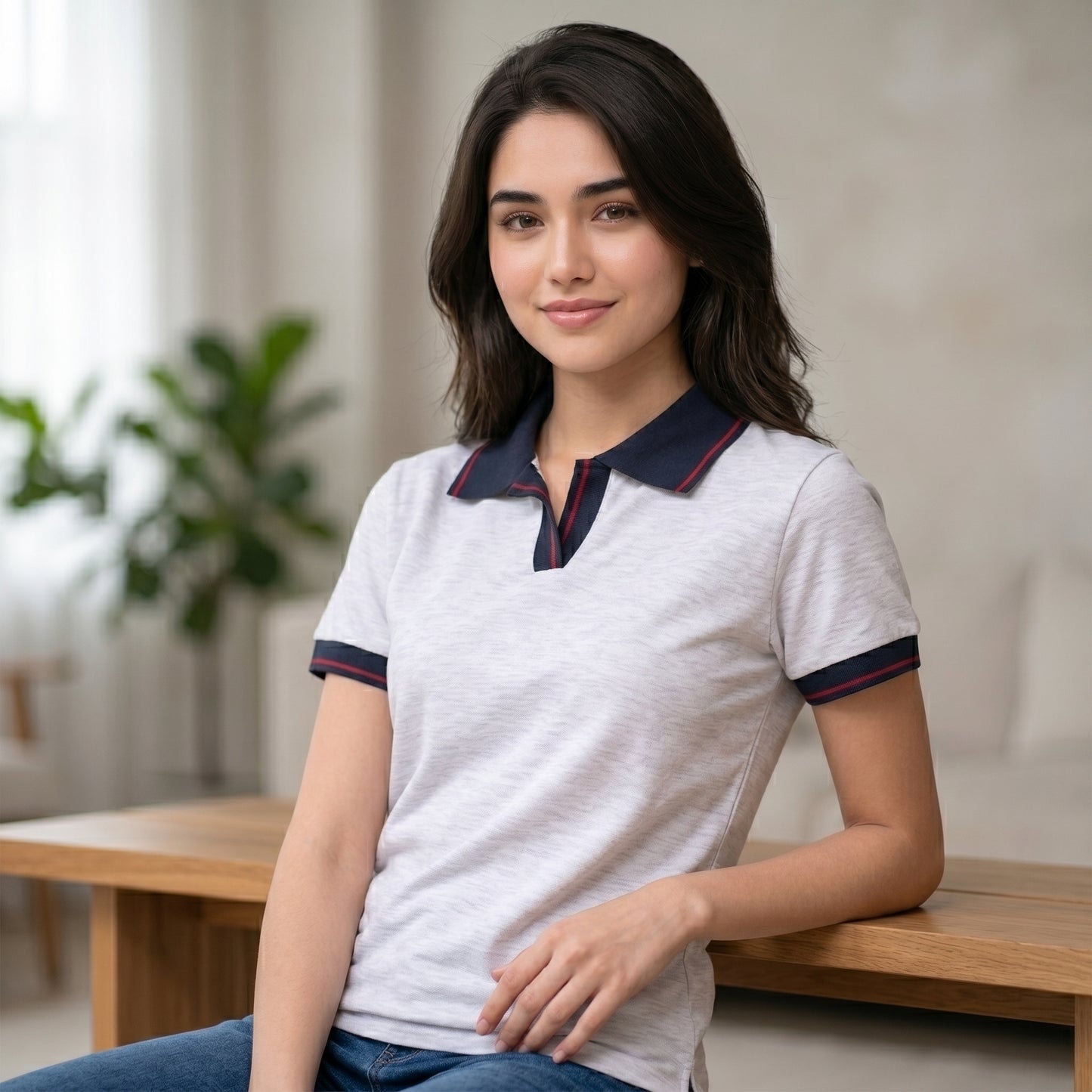 ShortTall® – Premium Women's Polo T-Shirt | White Melange with Navy Blue with Red Tip