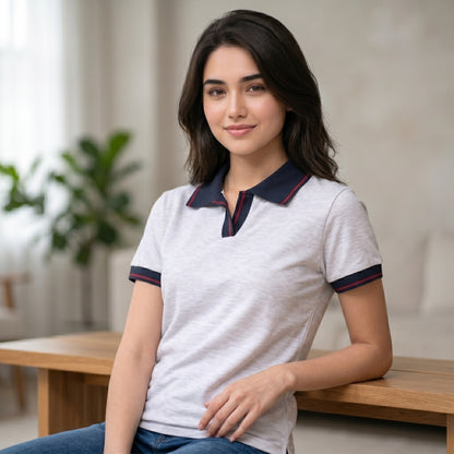ShortTall® – Premium Women's Polo T-Shirt | White Melange with Navy Blue with Red Tip