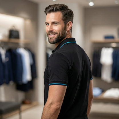 ShortTall® – Premium Polo T-Shirt | Black with Blue Tip