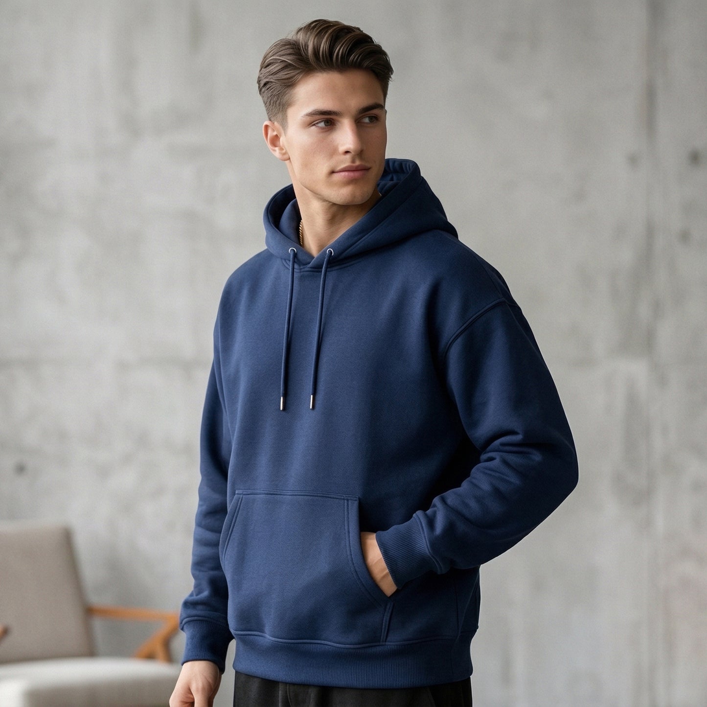 Men Pullover Hoodie (No-Zip) - Navy Blue