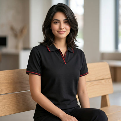 ShortTall® – Premium Women's Polo T-Shirt | Black with Red Tip