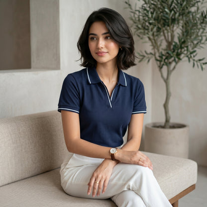 ShortTall® – Premium Women's Polo T-Shirt | Navy Blue with White Tip