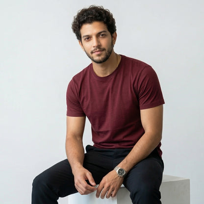 Shorttall® Plain Round Neck Cotton Tee – Maroon