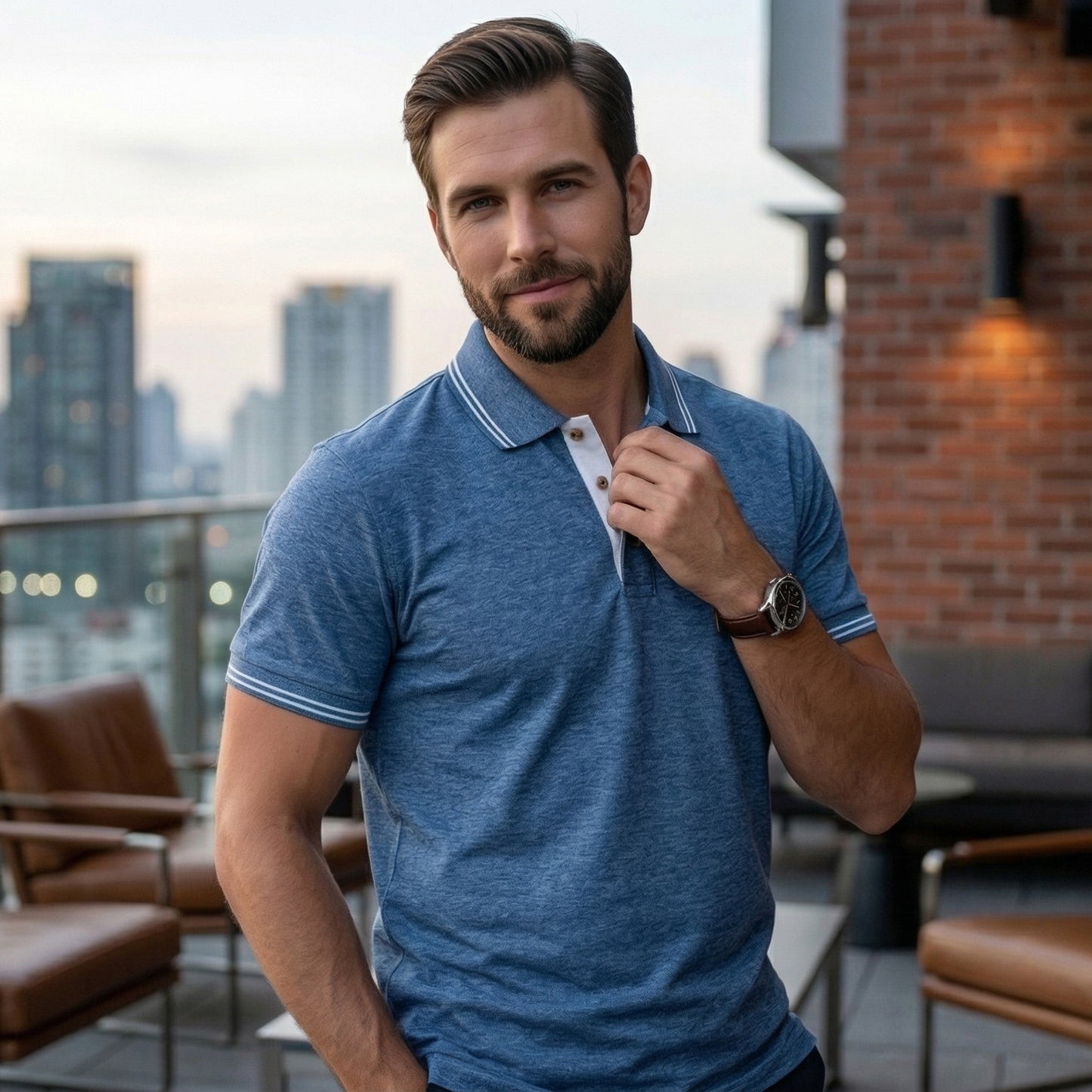 ShortTall® – ForestClub Polo T-Shirt | Blue Melange with White Detail