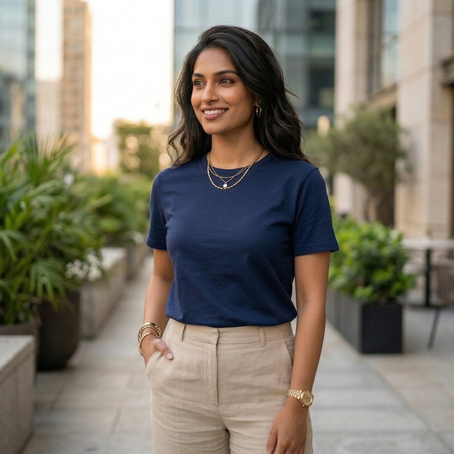 Shorttall® Plain Round Neck Cotton Women's Tee – Navy Blue