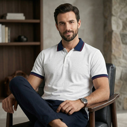 ShortTall® – Premium Polo T-Shirt | White Melange with Navy Blue with Red Tip