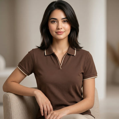 ShortTall® – Premium Women's Polo T-Shirt | Coffee Brown with Cream Tip