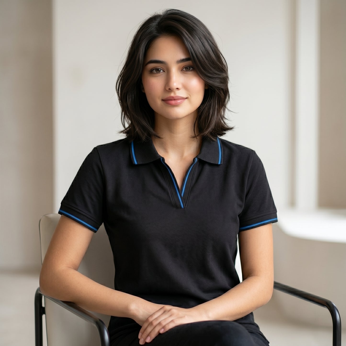 ShortTall® – Premium Women's Polo T-Shirt | Black with Blue Tip