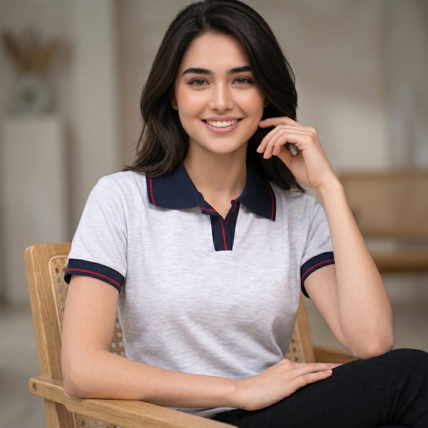 ShortTall® – Premium Women's Polo T-Shirt | White Melange with Navy Blue with Red Tip