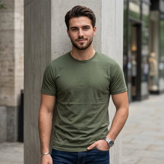 Shorttall® Plain Round Neck Cotton Tee – Military Green