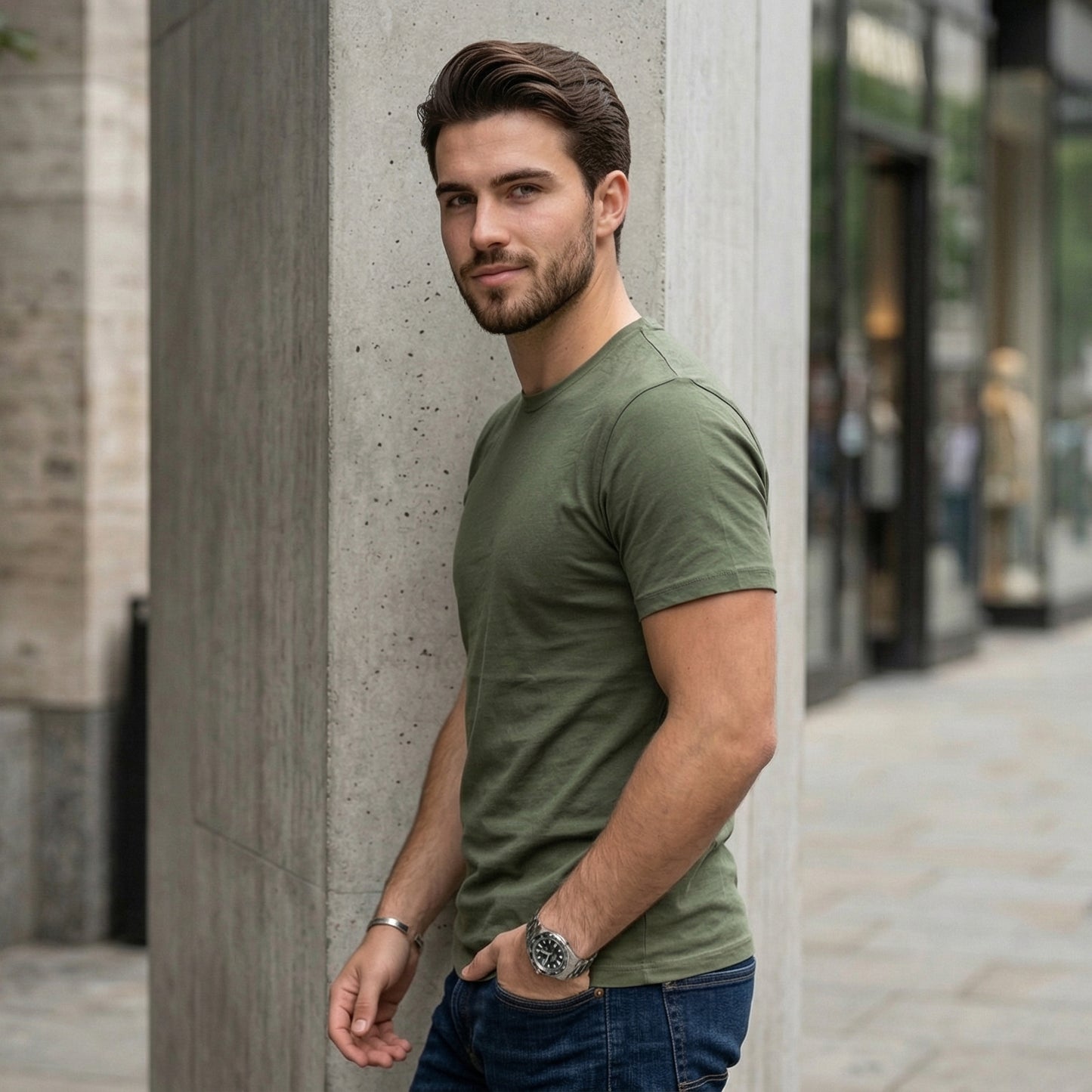 Shorttall® Plain Round Neck Cotton Tee – Military Green