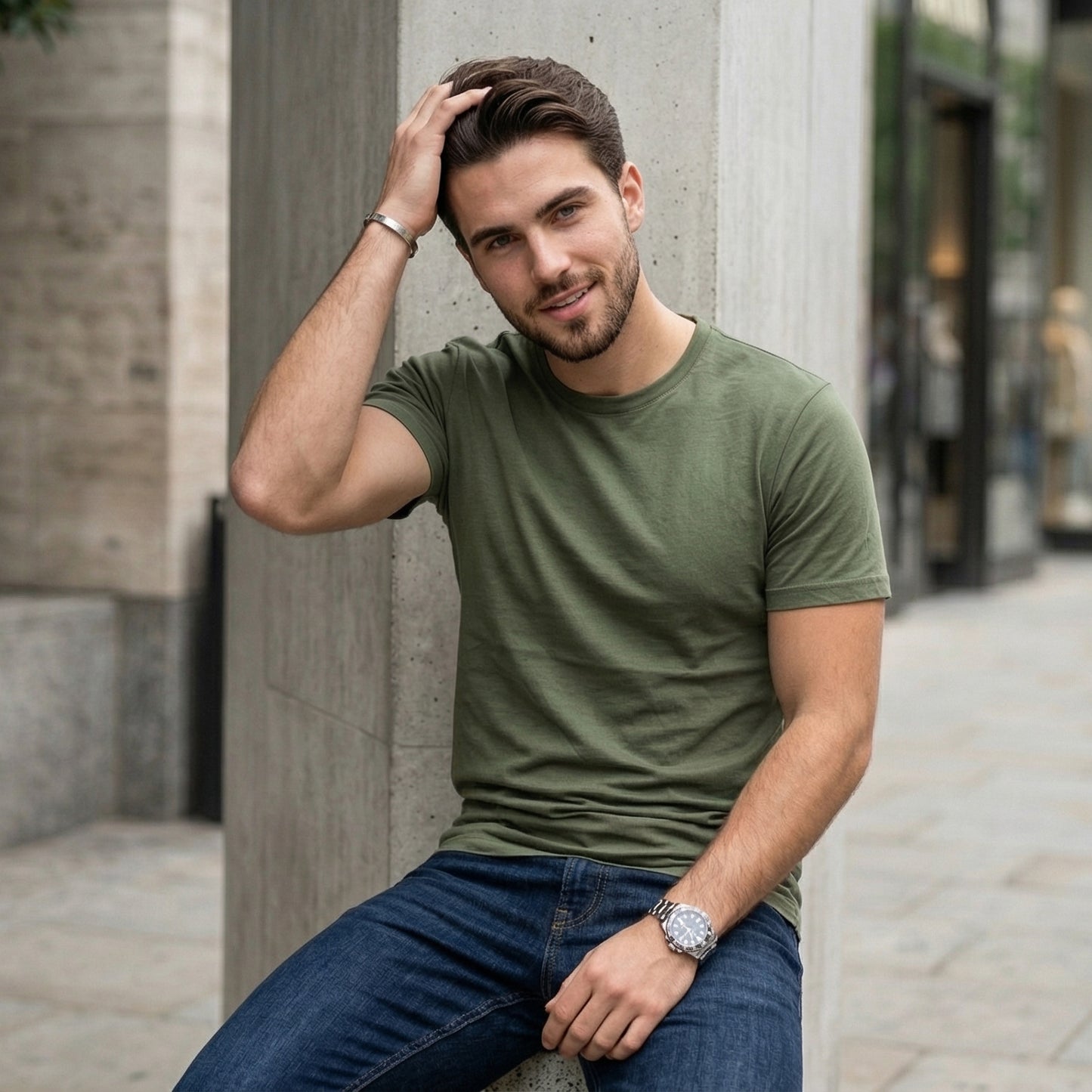 Shorttall® Plain Round Neck Cotton Tee – Military Green
