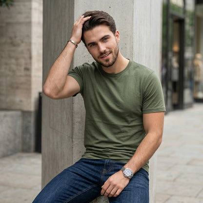 Shorttall® Plain Round Neck Cotton Tee – Military Green