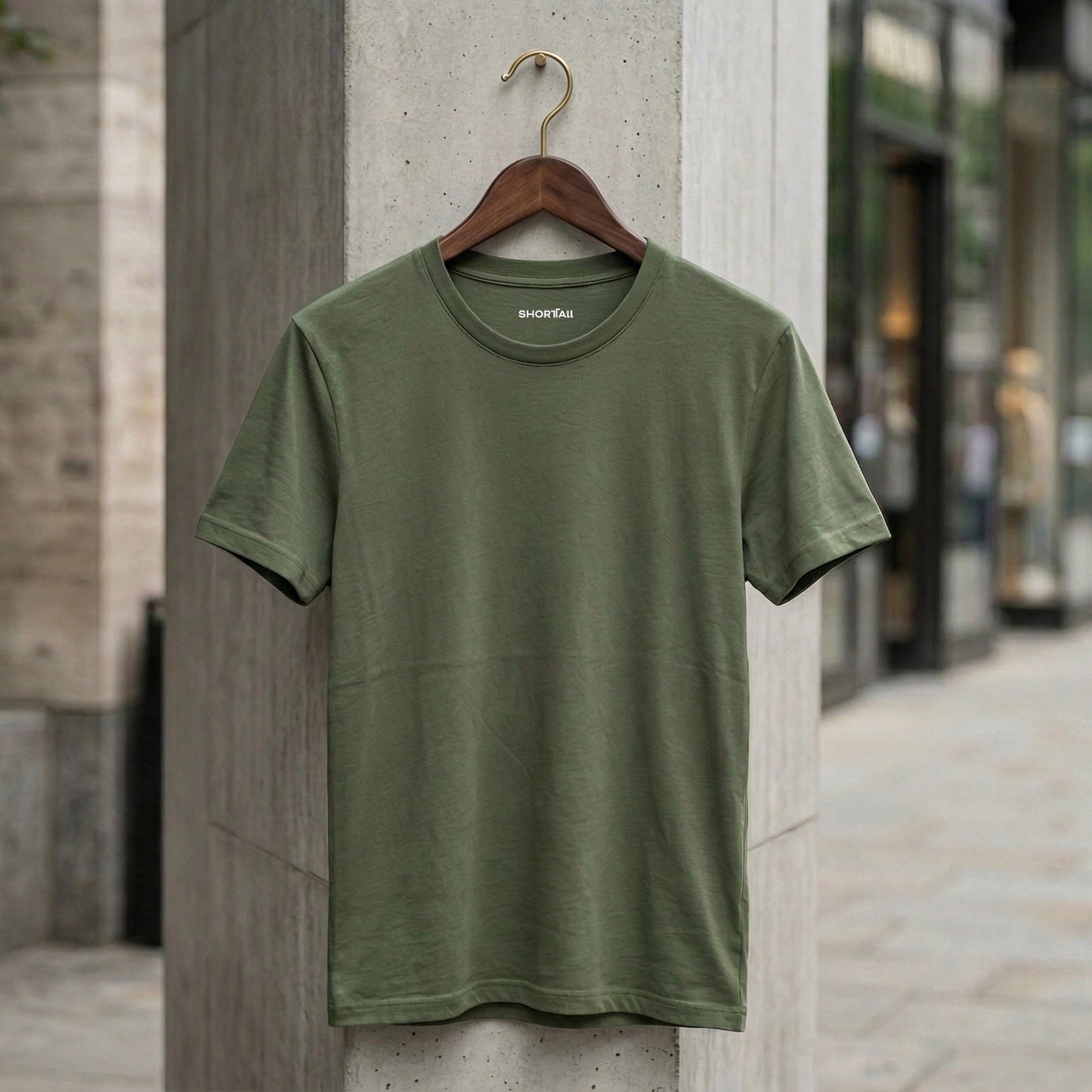 Shorttall® Plain Round Neck Cotton Tee – Military Green