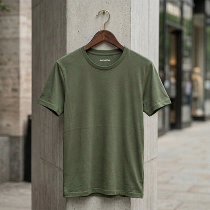 Shorttall® Plain Round Neck Cotton Tee – Military Green